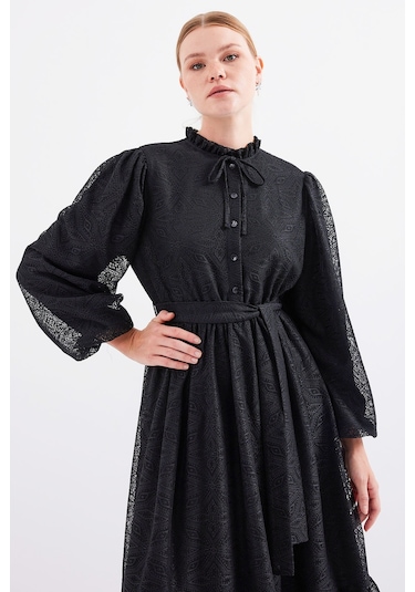 Bigdart 2509 Uzun Dantelli Tesettür Elbise - Siyah 001