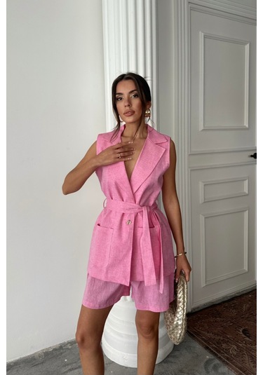 Keten Yelek - Şort Takım - Pembe Pembe