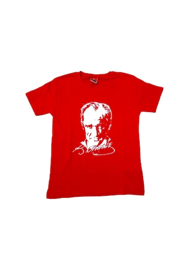 Kırmızı Atatürk İmzalı Baskılı Tişört Pamuklu Tişört Kırmızı