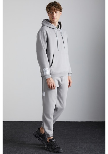 Ashbourne Erkek Oversize Kanguru Cepli Kol Etiket Detaylı Organik Pamuk Gri Eşofman Takımı