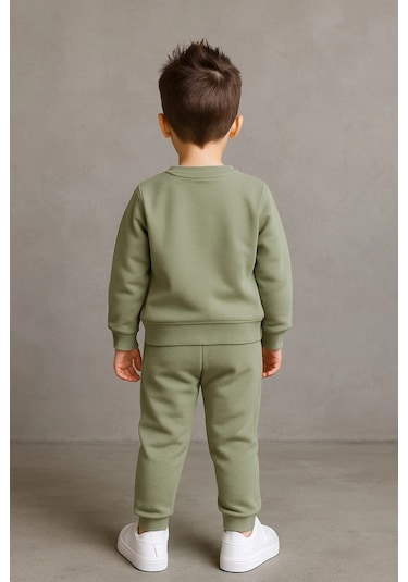 Erkek Çocuk Nakışlı İki Parça Eşofman Takımı %100 Pamuk Yeşil