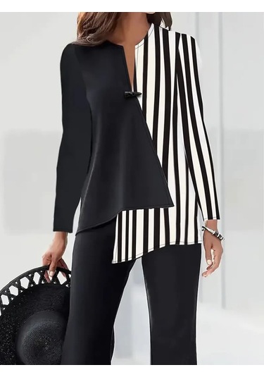Kadın Bisiklet Yaka Düğmeli Çizgi Desenli Uzun Kollu Keten Bluz Siyah