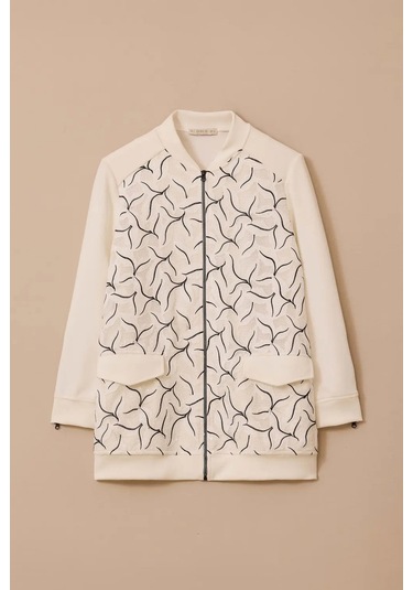 Kadın Büyük Beden Desenli Fermuarlı Kap - Ekru Ekru
