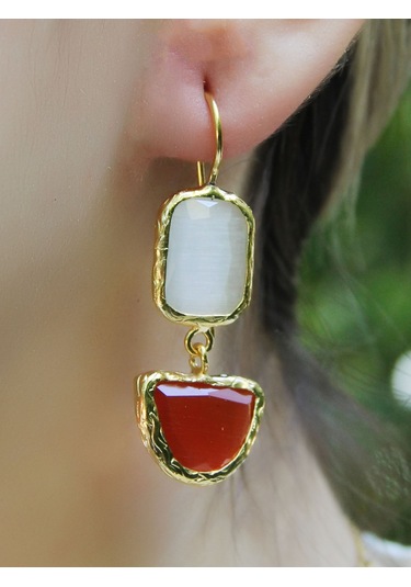 İkili Model Kedigözü Cam Sallantılı Kadın Küpe Euku26k Kırmızı