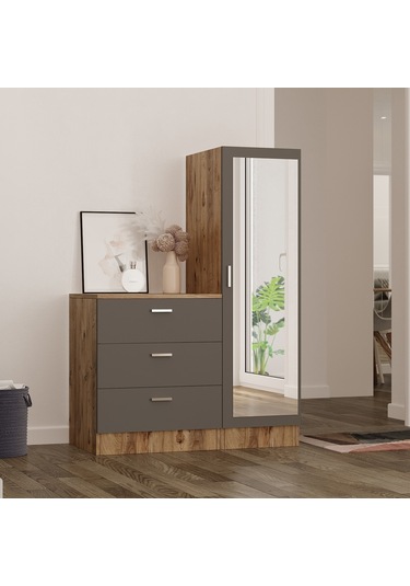 Robin Home Lyana Aynalı Şifonyer Gardırop Çam-Gri
