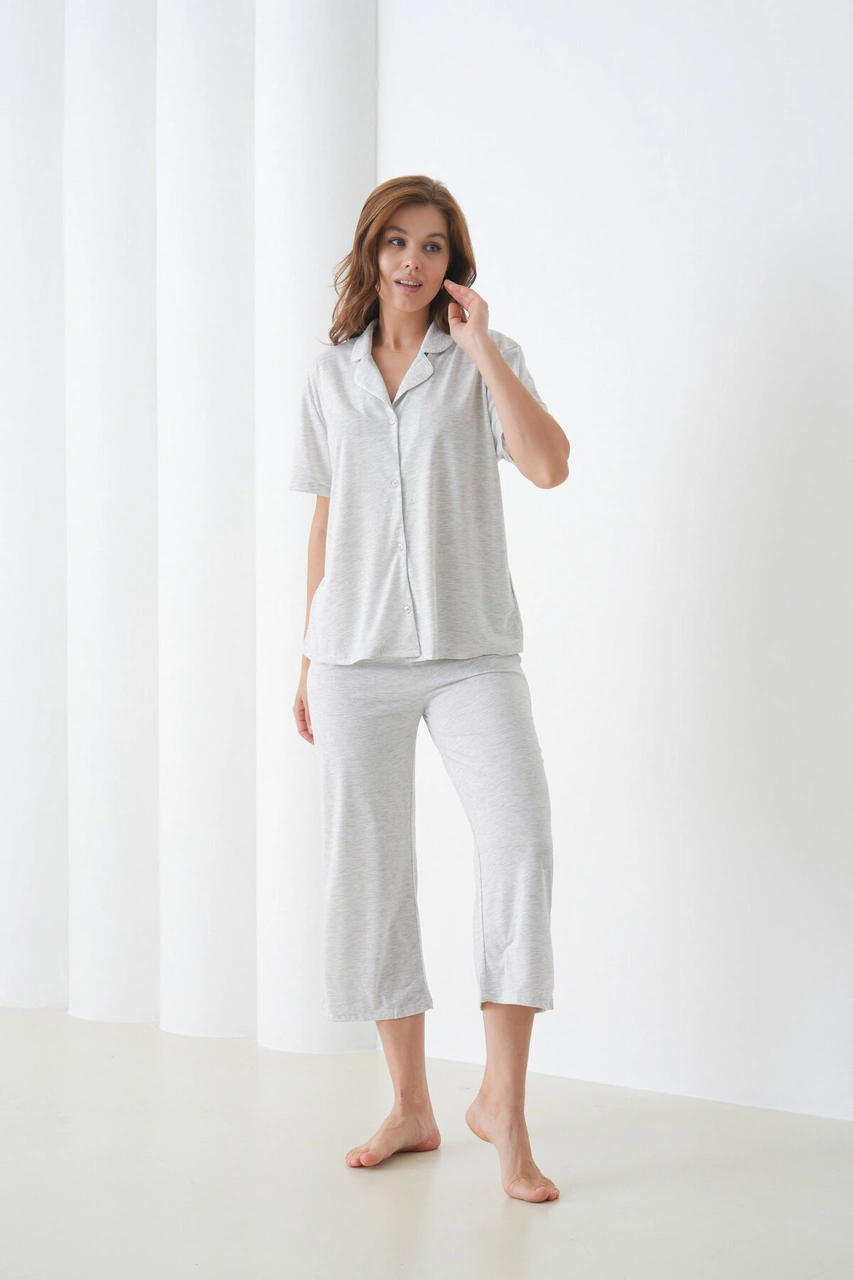 Kadın Pamuk Gömlek Kapri Şık Casual Curve Alt Üst Gecelik Takımı Antrasit
