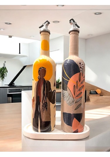 El Yapımı Dekoratif Yağdanlık, Afro Kadın Ve Tropikal Yaprak Desenli Zeytinyağı, Sirkelik, Sosluk Se Barok