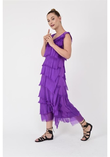 Italyan 2 Beden İnce Gösteren Kat Kat Kolsuz Ipek Elbise Kmor