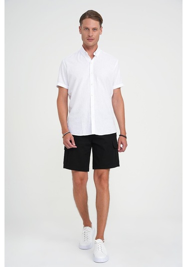 Comfort Fit Düğme Yaka Kısa Kol %100 Keten Düz Beyaz Gömlek G 1596 Beyaz