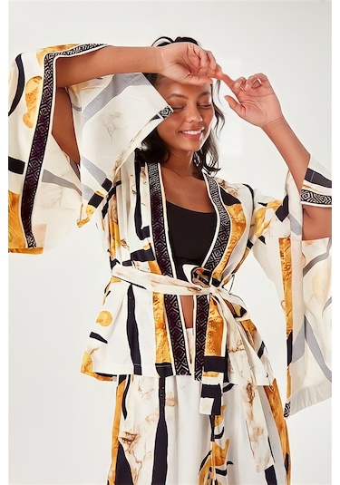 Batik Desenli Kimono Ekru