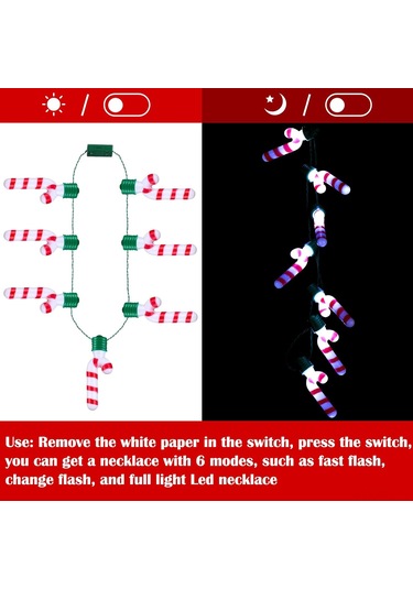 Dofolink Noel Işıklı Kolye - Şeker Asa Desenli 7 Led'li Parıldayan Dekoratif Aksesuar 2 Adet - Su Geçirmez, Işık Seviyesi Ayarlanabilir