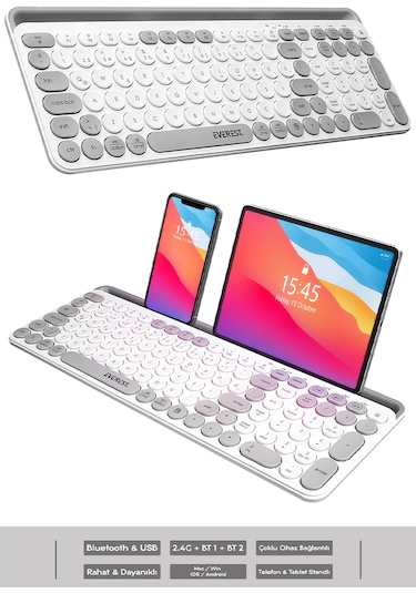 EKW-28 2.4G+Bluetooth BT1+BT2 Çoklu Cihaz Bağlantılı Ulta İnce Q (Mac-Wın-Ios-Android) Kablosuz Klavye
