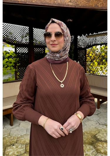 Yağmur Triko Elbise Kahve Normal