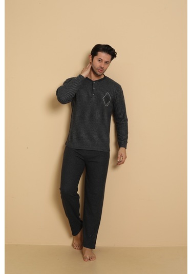 Falkon 7008 İnterlok Kışlık Çizgili Pijamalı Erkek Pijama Takımı Antrasit