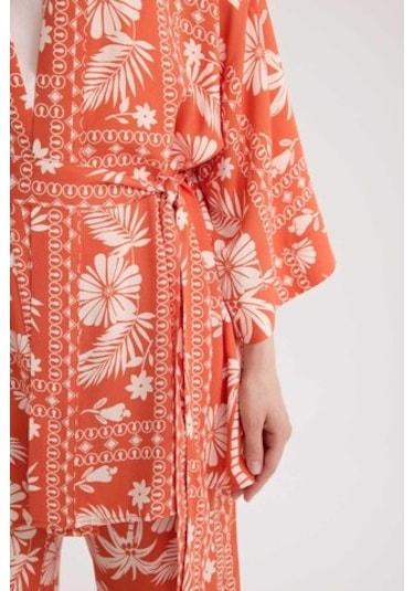 DeFacto 	Relax Fit Desenli Kuşaklı Kimono D5443AX25SPOG269 Turuncu