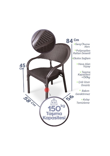 Bambu Pro 90x150cm Rattan Bahçe Balkon Masa Takımı 6 Kişilik Camsız Set Kahverengi