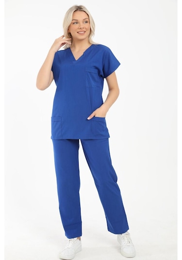 Likralı Cerrahi, Doktor, Hemşire, Renkli Üniforma Takım Saks Mavi