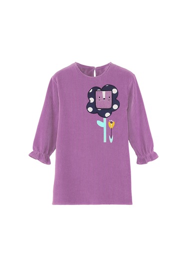 Denokids Çiçekli Kız Çocuk Lila Kadife Elbise Renkli