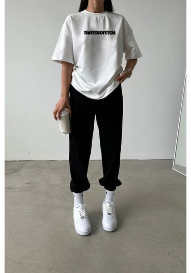 Thatssofetch Beyaz T-shirt Siyah Eşofman Altı Jogger - Baskılı Alt Üst Takım Bisiklet Yaka Beyaz Siyah