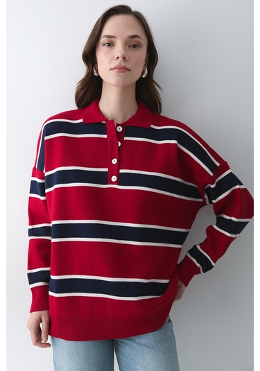 Kırmızı Lacivert Polo Yaka Şeritli Kazak - 251129 Kırmızı - Lacivert