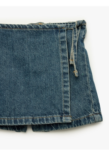 Koton Normal Bel Bağlama Detaylı Pamuklu Denim Şort Etek Orta İndigo 6smg40023ad