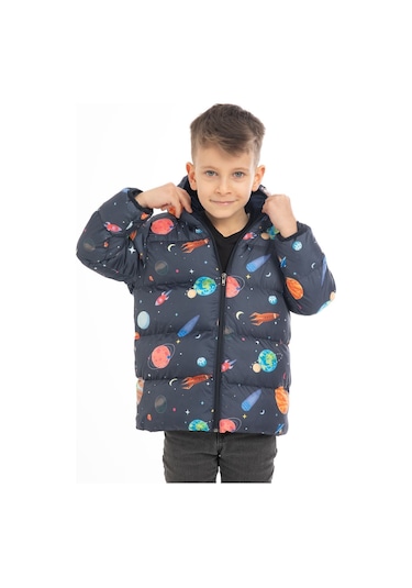 Erkek Çocuk İçi Polarlı Kapüşonlu Gezegen Yıldız Desenli Kışlık Şişme Mont Lacivert