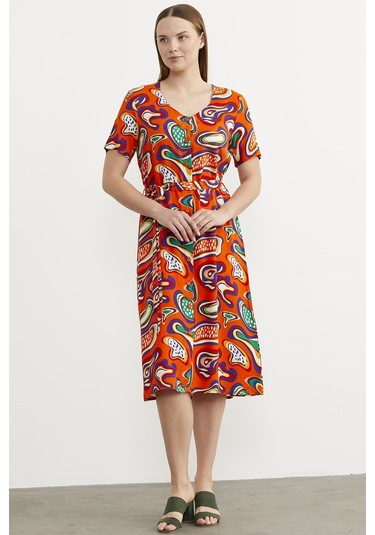 Önden Düğmeli Desenli Viskon Elbise - Oranj 001