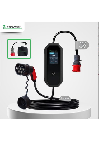 Coswatt 11 KW 3p-16a Tip-2 380v Ac Elektrikli Araç Sarj İstasyonu + Ev Tipi Dönüştürücü Kablo 5 M + Taşıma Çantası