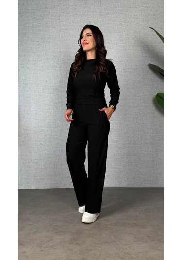 Kadın Uzun Kol Bisiklet Yaka Bürümcük Bluz Ve Pantolon Ikili Takım Siyah