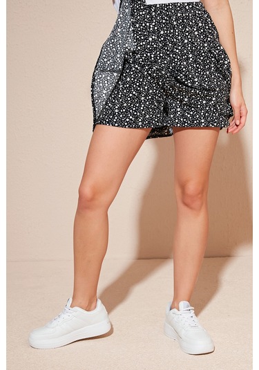 Lela Desenli Beli Lastikli Slim Fit Mini 2'Li Paket Bayan Şort Etek 5864024S2 Siyah-Zebra