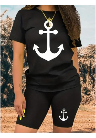 Lucky Life Kadın Kısa Kollu Çapa Baskılı Viskon Ikili Takım 001