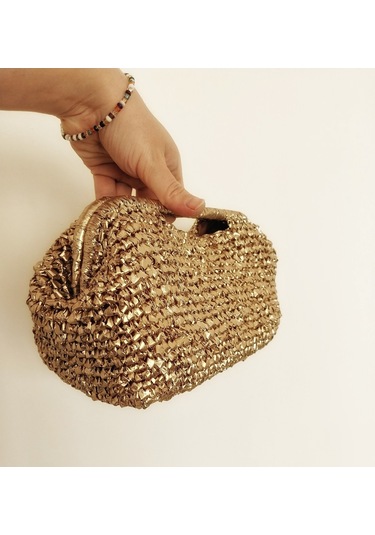 Parlak Tutmalı El Çantaları , El Yapımı Işıltılı Clutch, Örgü El Çantası Altın
