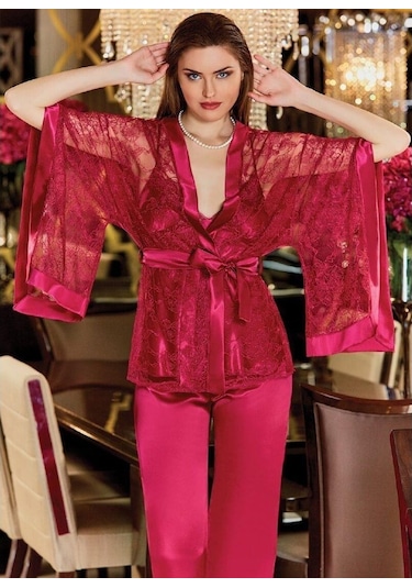 Jeremi 2634 Saten 3'Lü Dantelli Pijama Takımı