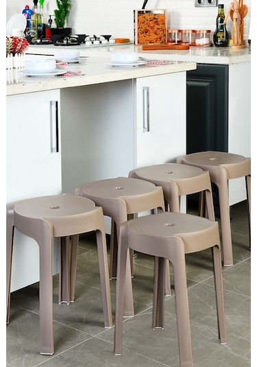 Kaymaz Ayaklı Dekoratif İç İçe Geçebilen Plastik Tabure Mutfak Bahçe Taburesi 6 Adet Latte Latte