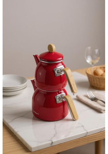 Sultan - Bambu Kulplu Çaydanlık Takımı Kırmızı Kırmızı