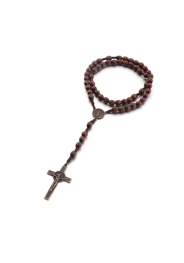 Ahşap Boncuk El Yapımı Tel Vintage Haç Kolye Koyu Kahve Çok Renkli