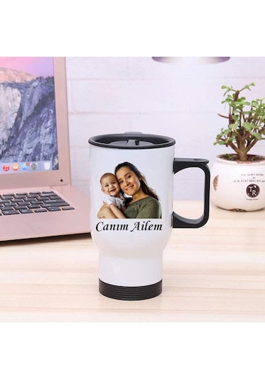 Kişiye Özel Kulplu Fotoğraflı Çelik Bardak Termos - 450mlt Beyaz