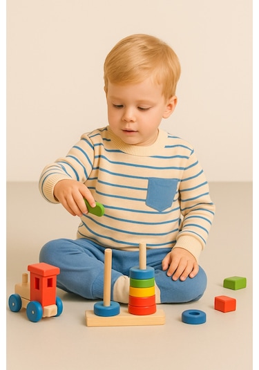 Aden Kids Çizgili 2 İp Kumaş Çocuk Alt Üst Takım Mavi