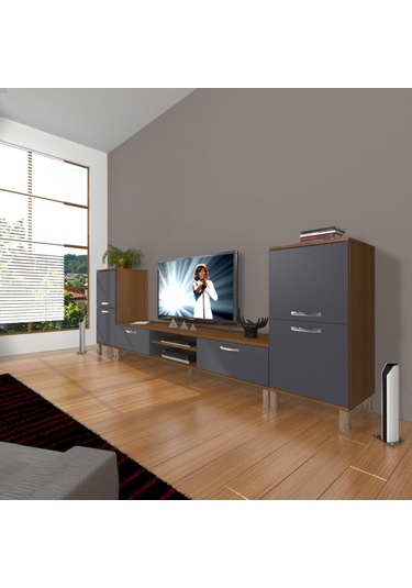 Decoraktiv Eko On2 Mdf Dvd Krom Ayaklı Tv Ünitesi Tv Sehpası Ceviz - Antrasit