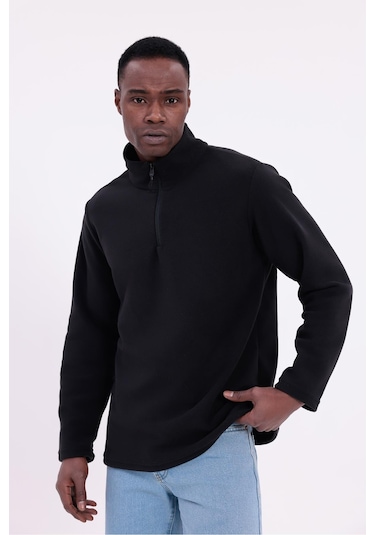 Freemen Erkek Fit Dik Yaka Yarım Fermuarlı Sweatshirt Polar Siyah