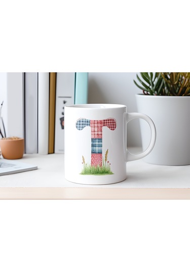 T Harfli Retro Çiçekli Kupa Bardak - Patchwork Tarz Yamalı Desenli İsme Özel Kupa - Hediye 07 Beyaz