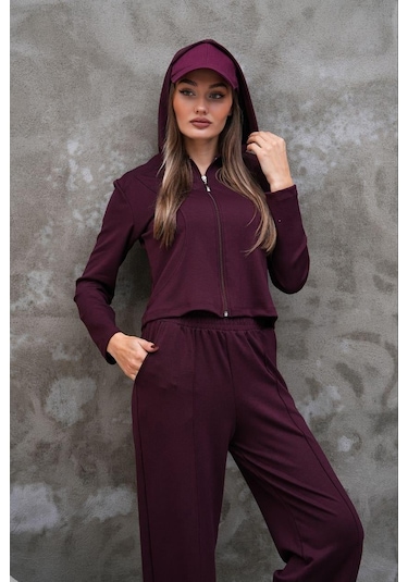 Elaxi Modal Kumaş Slim Fit Kapüşonlu İkili Takım Bordo