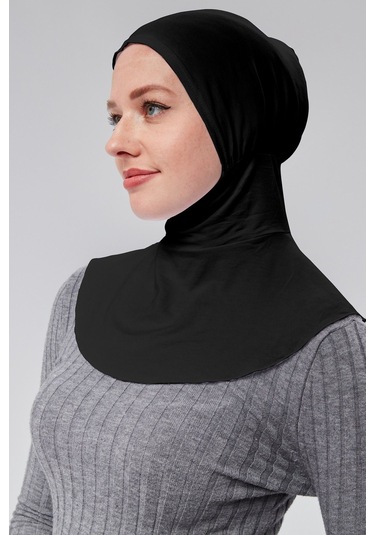 Kadın Pratik Tesettür Sporcu Boyunluklu Hijab Geçmeli Bone Penye Kumaş Siyah