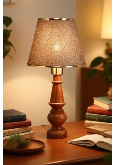 Ahşap Gövdeli Kumaş Başlıklı Dekoratif Abajur Masa Lambası Aydınlatma Lamba Kahverengi