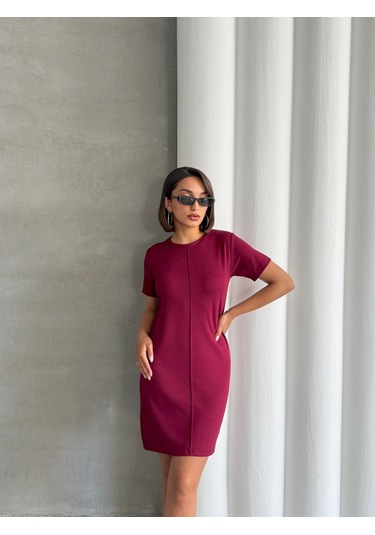 Kadın Bisiklet Yaka Soft Touch Elbise Bordo