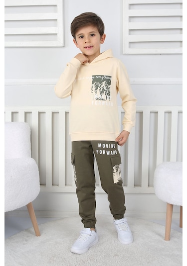 Moving Forward Kargo Cep Kapüşonlu 2 İplik Şardonlu Alt-üst Erkek Çocuk Eşofman Takımı Ekru
