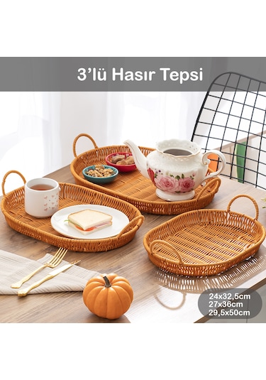 Porsima 708d Oval 3'lü Hasır Tepsi Dekoratif Sunum Servis Tepsisi