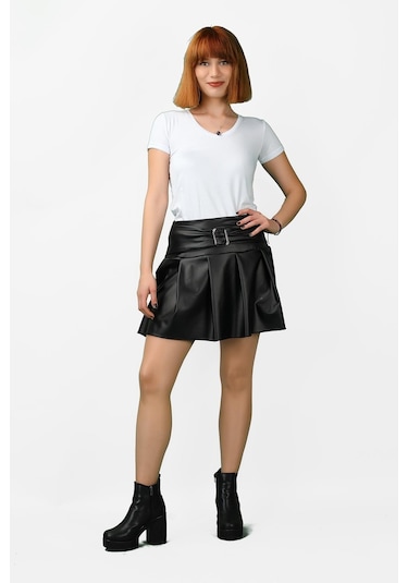 Deri Görünümlü Pileli Mini Etek 001