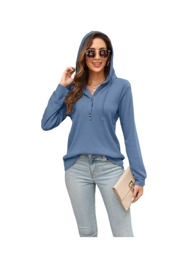 Novahub İlkbahar/sonbahar Kadın Kapşonlu Sweatshirt - Waffle Kravat - Uzun Kollu - Mavi Boy: S, M, L, Xl, Xxl Mavi