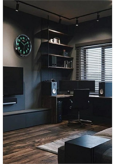 Fosforlu Gece Görünen 32 Cm Ters Çalışan Sessiz Siyah Duvar Saati Siyah - Gümüş